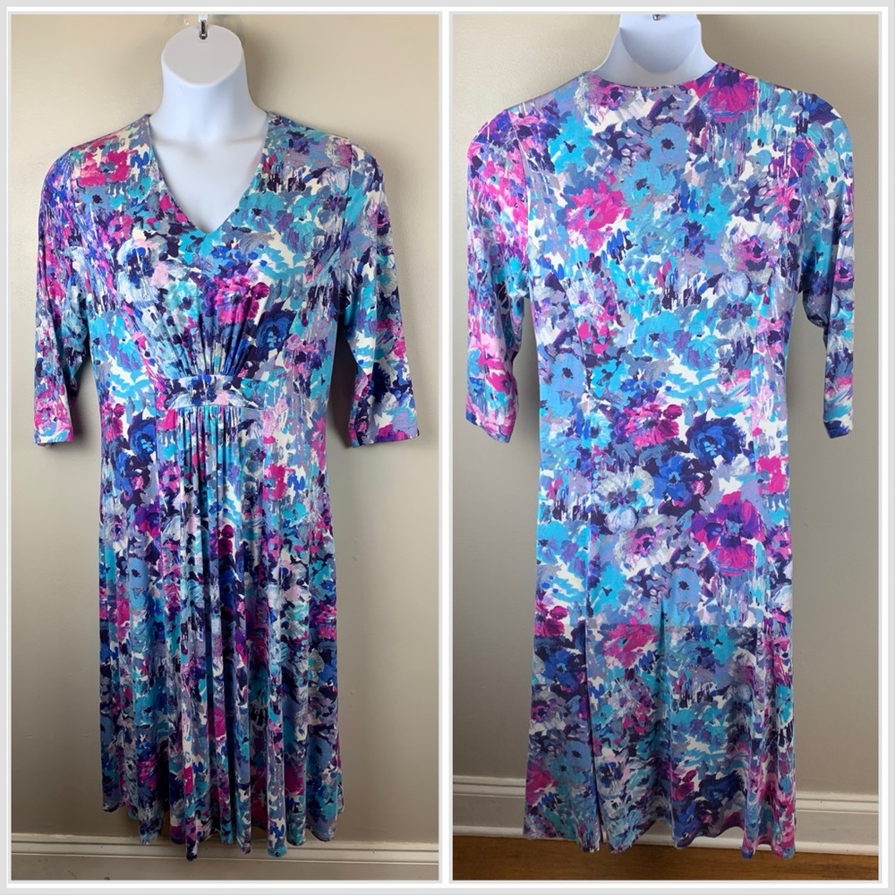 David Nieper Pansy‎ Floral Stretch Jersey Midi Dress Size UK 16 soft girl preppy